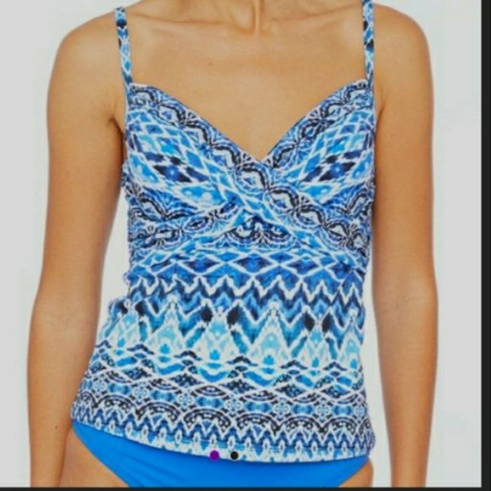 LA Blanca Blue Oasis Over the Shoulder Ikat Print Swim Tank Top US 2